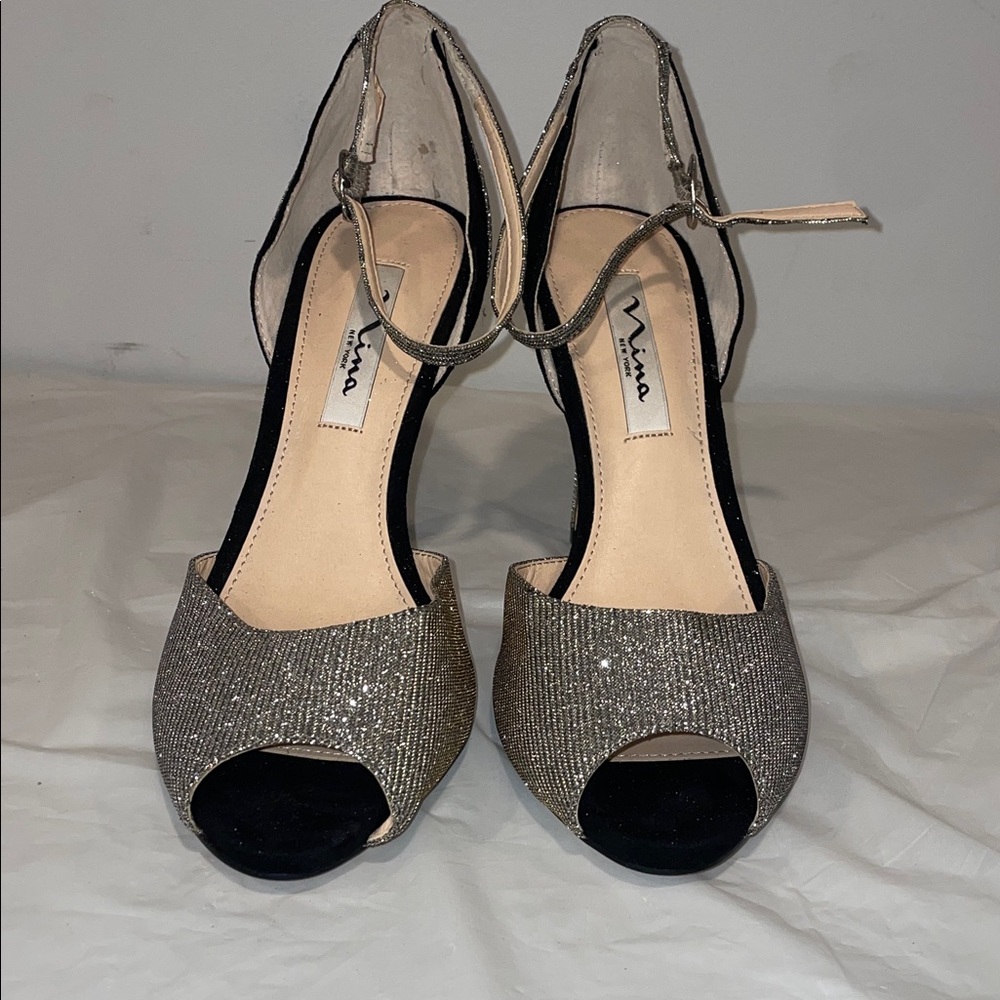 Nina Glitter Peep Toe Heels - Silver and Black